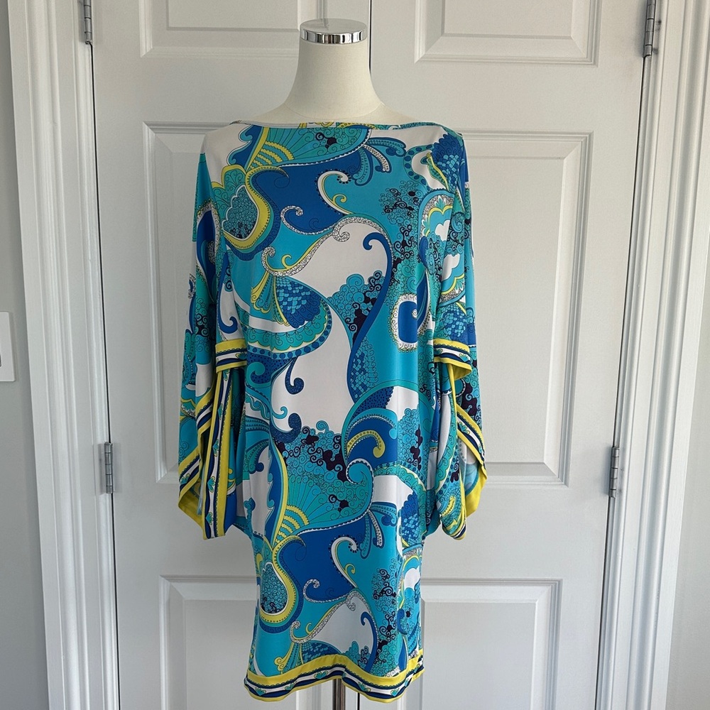Trina Turk Blue Yellow Paisley Tunic Kaftan Boho Swim Beach Cover-up Size S-M